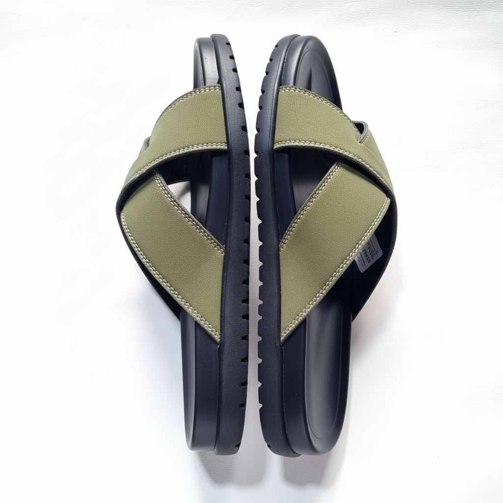 Quality Men Olive Green Criss Cross Slide Sandals with Logo Plaque