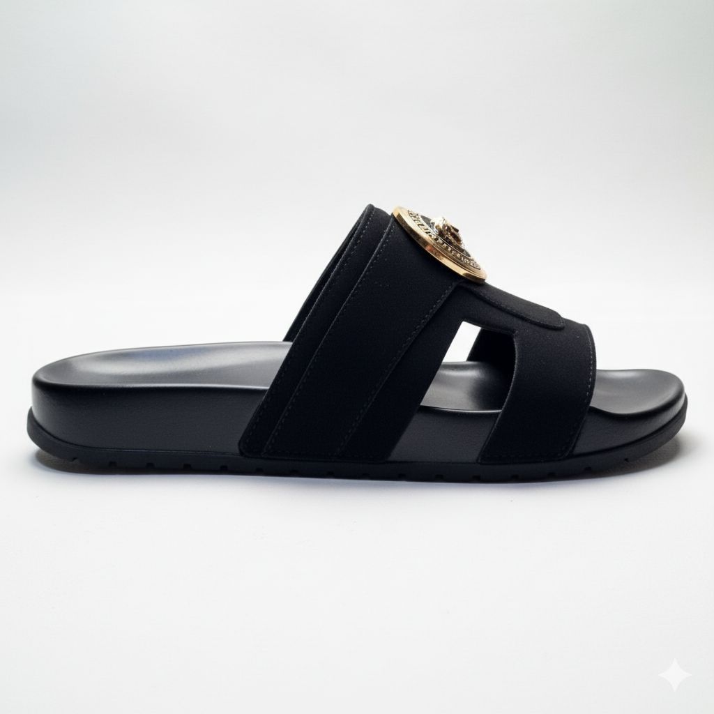 Quality Men Black Medusa Medallion Slide Sandals