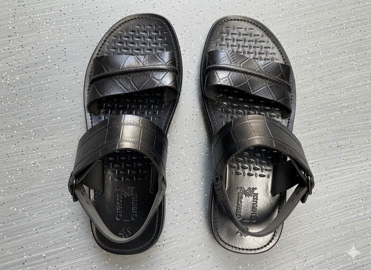 Quality Men Black Crocodile Embossed Leather Slingback Sandals