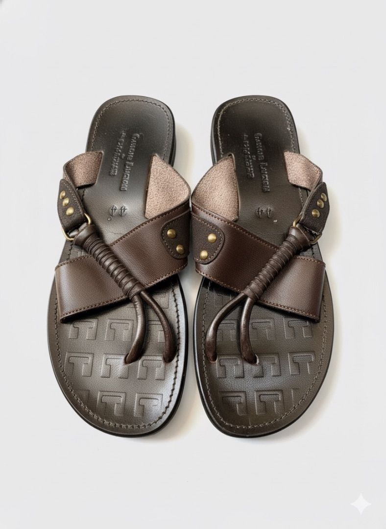 Quality Men Dark Brown Leather Toe Loop Sandals with Stud Detail