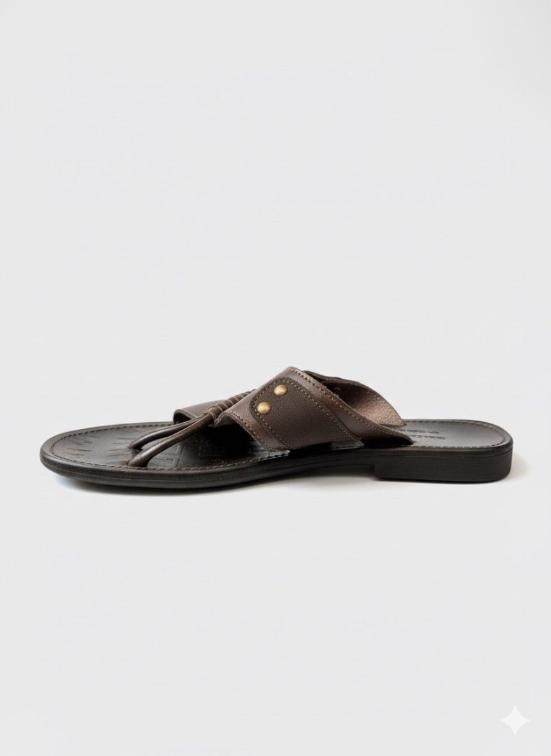 Quality Men Dark Brown Leather Toe Loop Sandals with Stud Detail