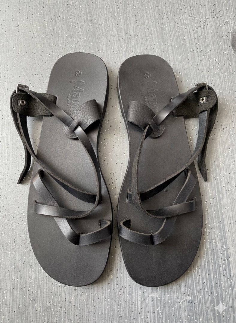 Minimalist Black Leather Ankle Strap Flat Sandals