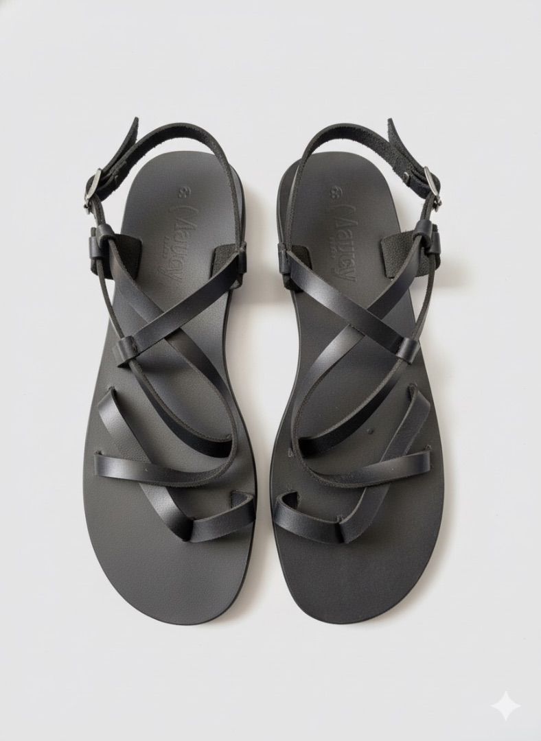 Minimalist Black Leather Ankle Strap Flat Sandals