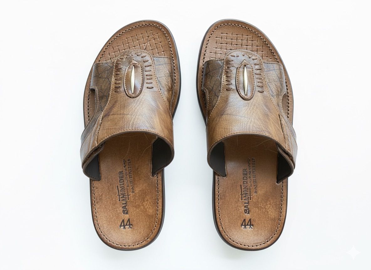 Quality Men Distressed Antique Brown Leather Mule Sandal with Minimalist Gold Bar Accent