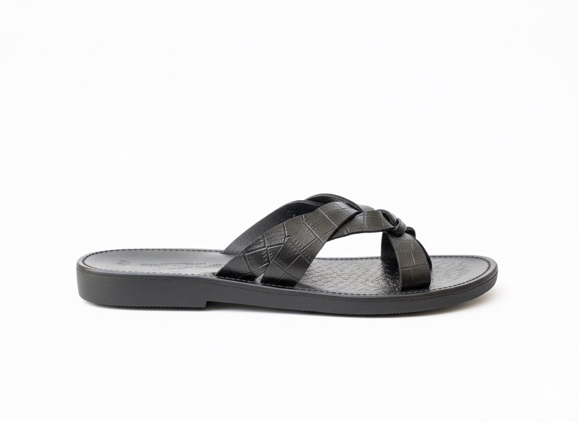 Quality Men Luxury Black Cross Strap Slide Sandals in Crocodile Embossed Leather