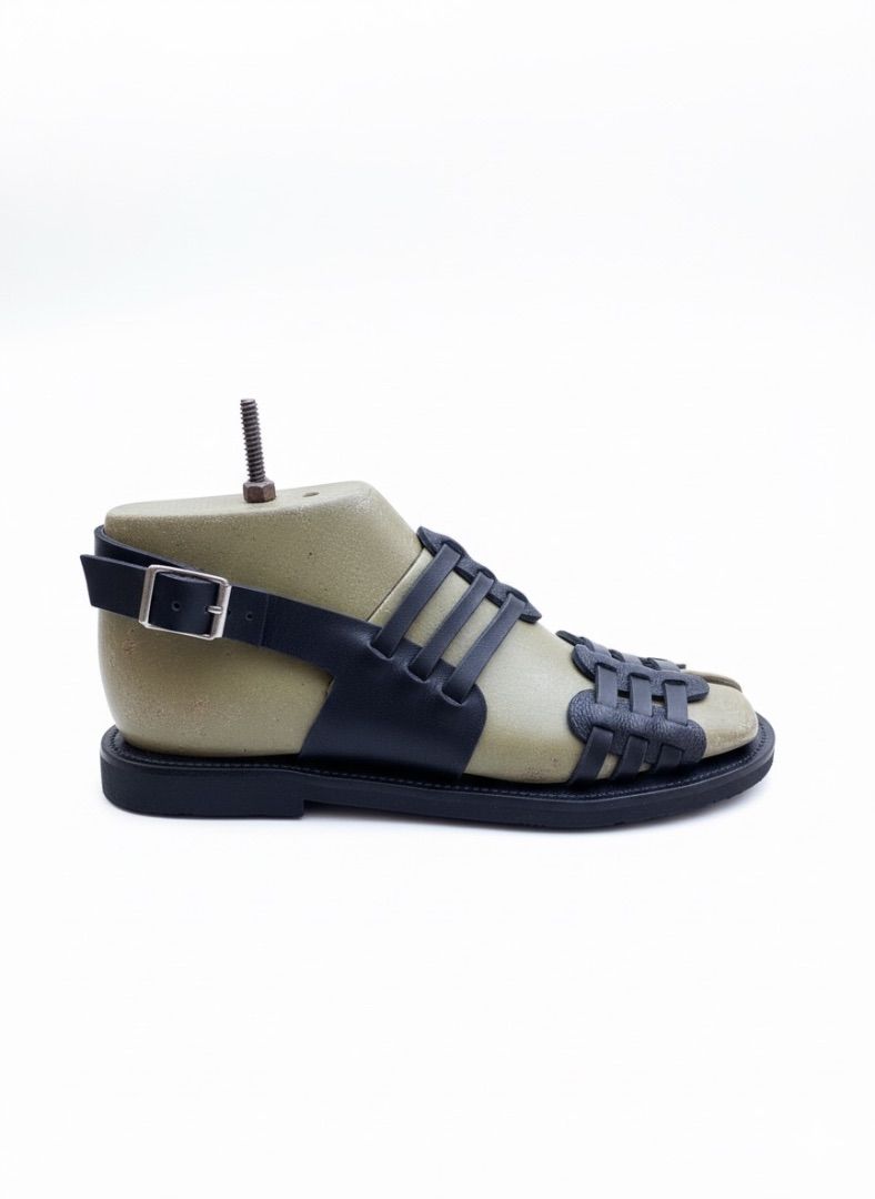 Artisan Black Leather Caged Sandals with Adjustable Buckle Strap