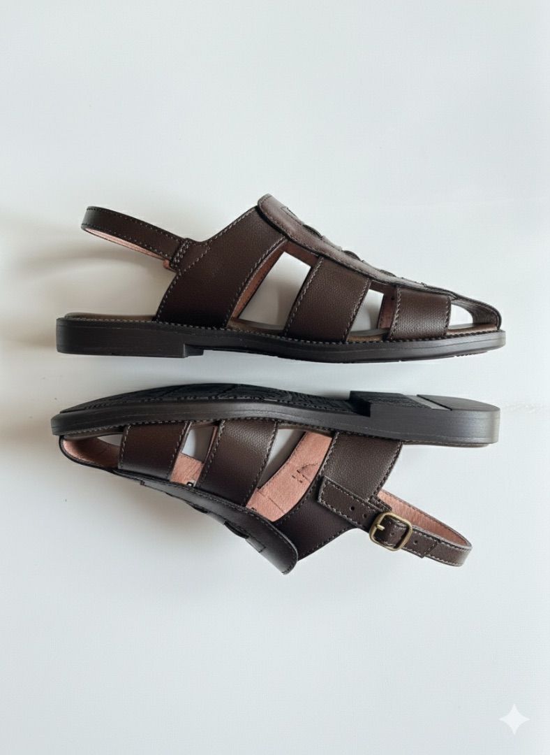 Men Brown Leather Woven Fisherman Sandals with Ankle Strap