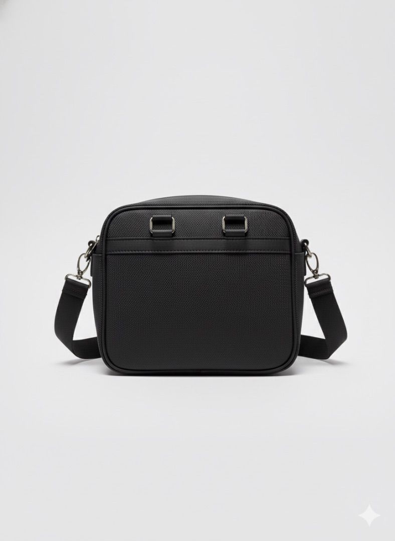Unisex Black Textured Crossbody Bag with Utilitarian Hardware