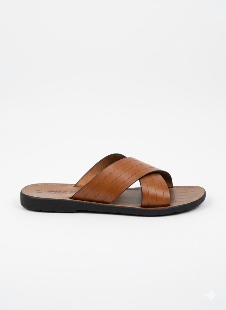 Striped Tan Criss Cross Leather Slide