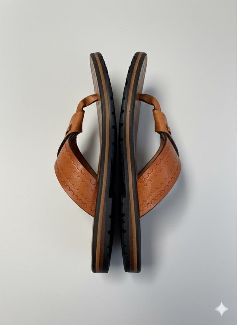 Quality Men Handcrafted Brown Leather Thong Sandals with Embossed Strap