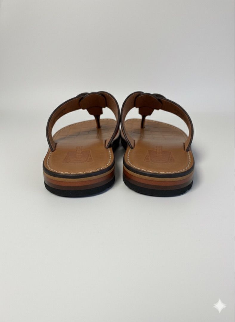 Quality Men Handcrafted Brown Leather Thong Sandals with Embossed Strap