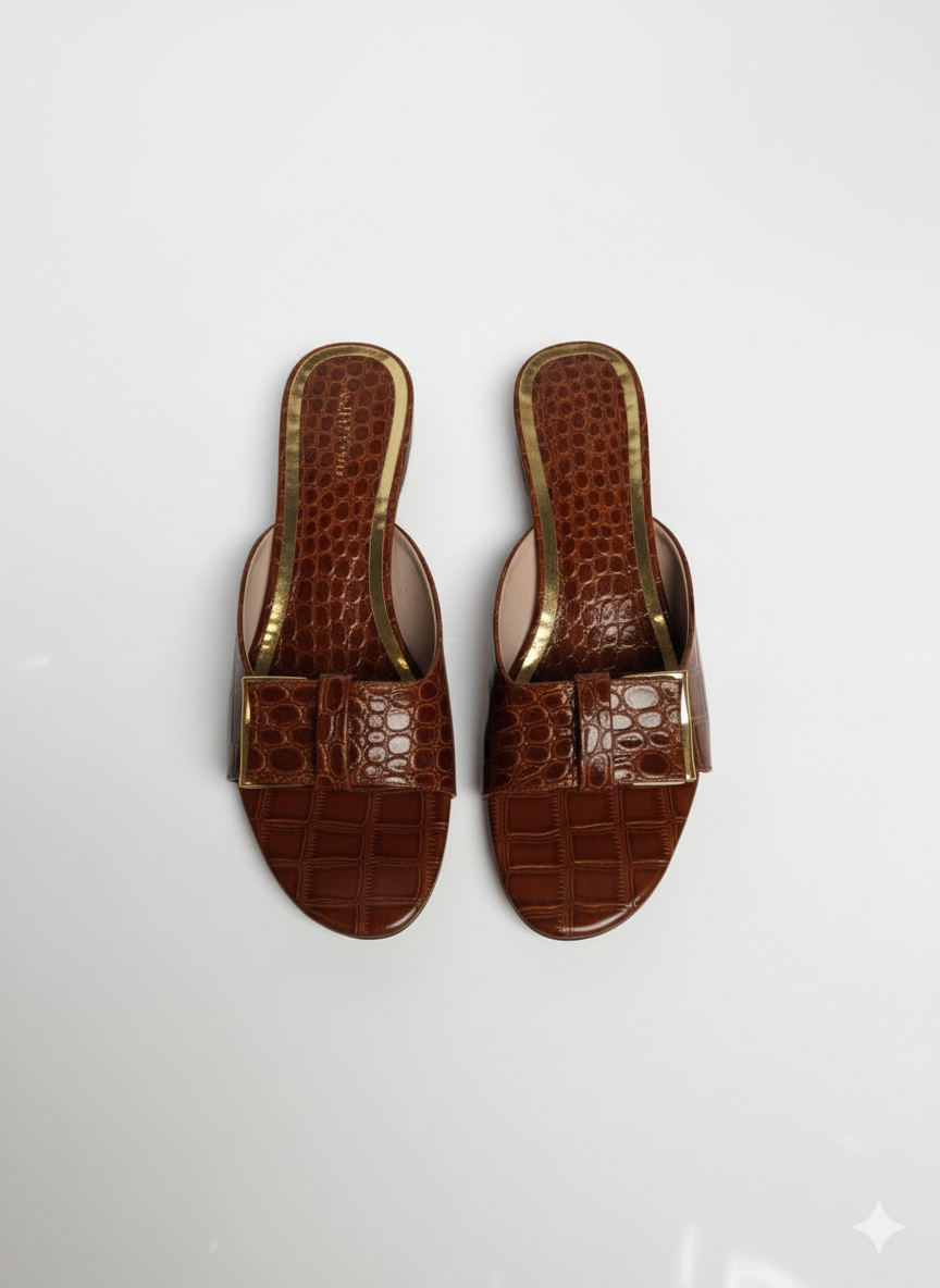 Croc Embossed Slide Sandal with Gold Metal Trim