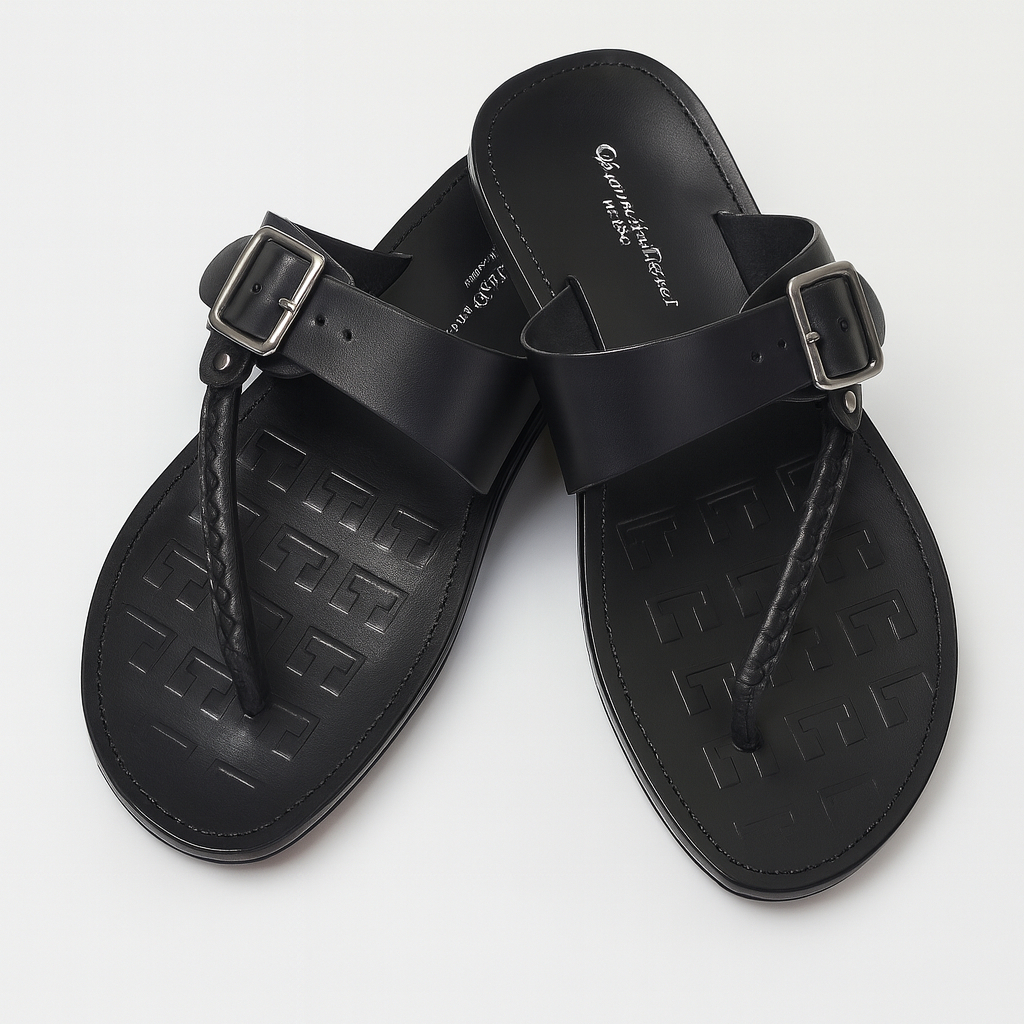 New Genuine Leather Black Slide Sandals with Buckle Strap and Woven Toe Post