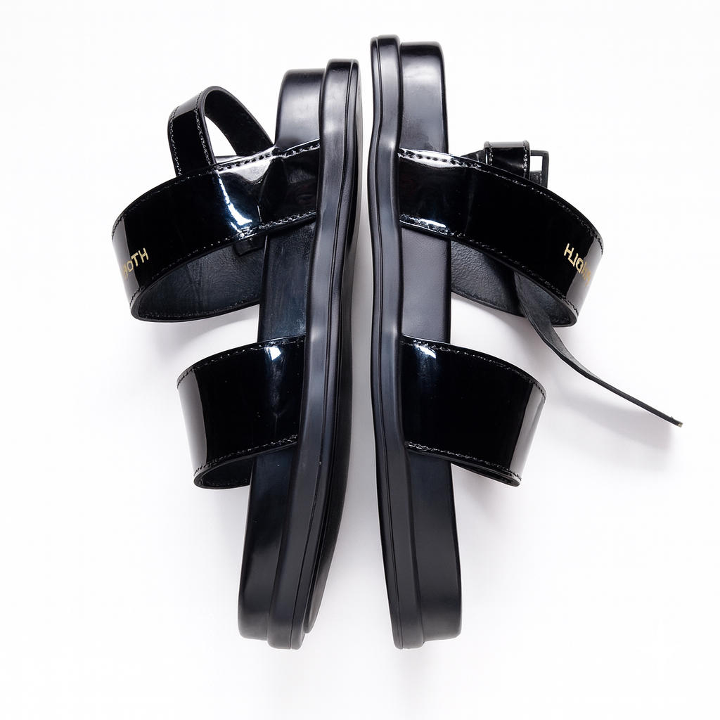 Quality Black Patent Two Strap Slide Sandal