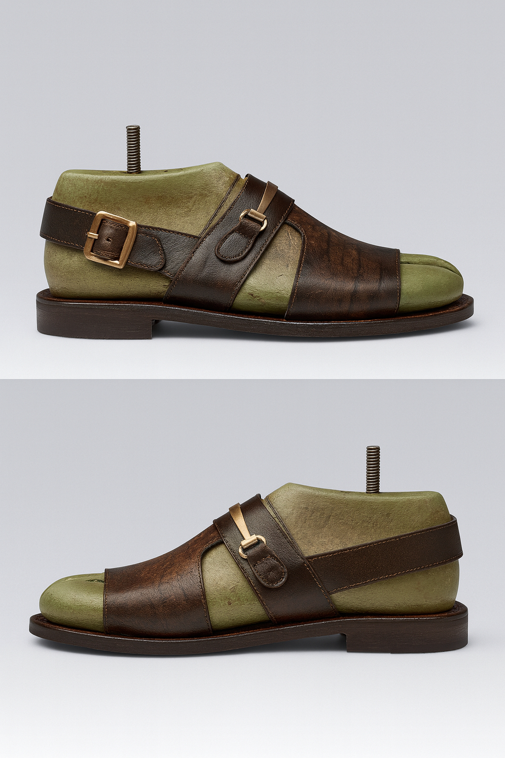 Quality Men Antique Brown Leather Mule Sandal with Minimalist Gold Bar Accent