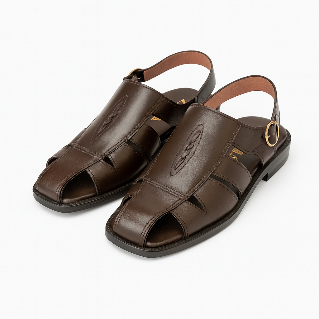 Classic Brown Leather Hand Stitched Men Closed Toe Sandals