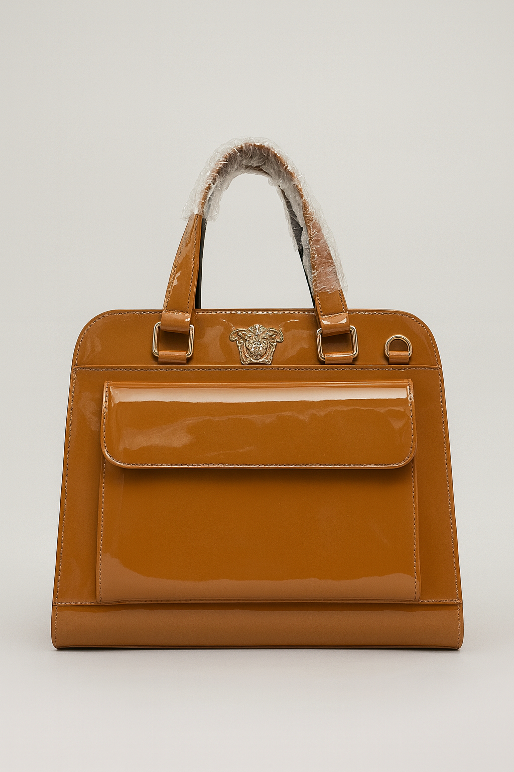 Premium Women Structured Orange Patent Leather  Bag with Lion Medallion