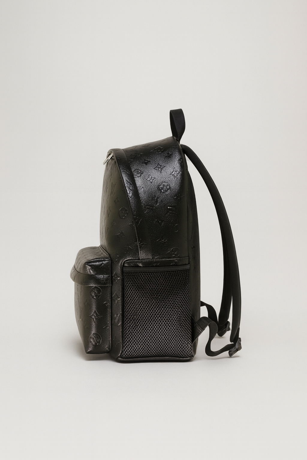 Unisex Sleek Black Embossed Monogram Backpack with Glossy Finish