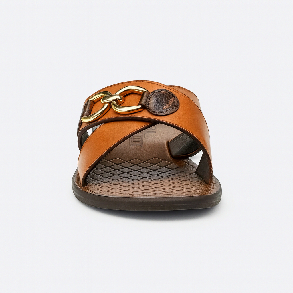 Quality Men Slip On Sandals with Crisscross Straps and Gold Tone Chain Links