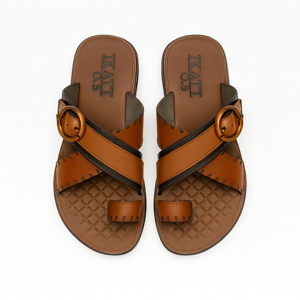 Men Stylish Open Toe Leather Sandals with Bronze Buckle