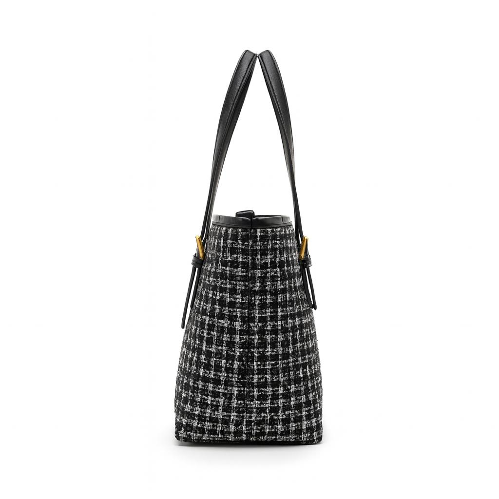 Black and White Tweed Tote Bag with Faux Leather Trim