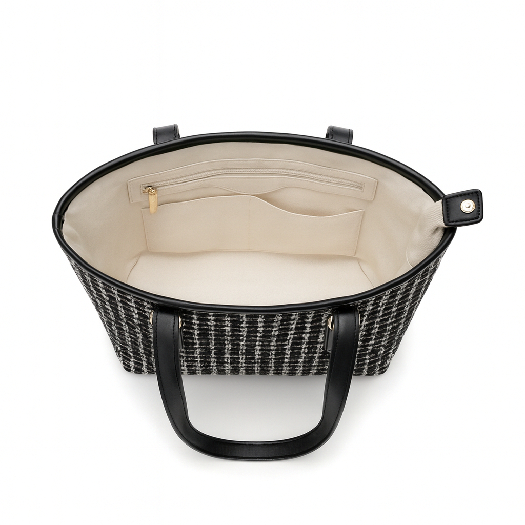 Black and White Tweed Tote Bag with Faux Leather Trim