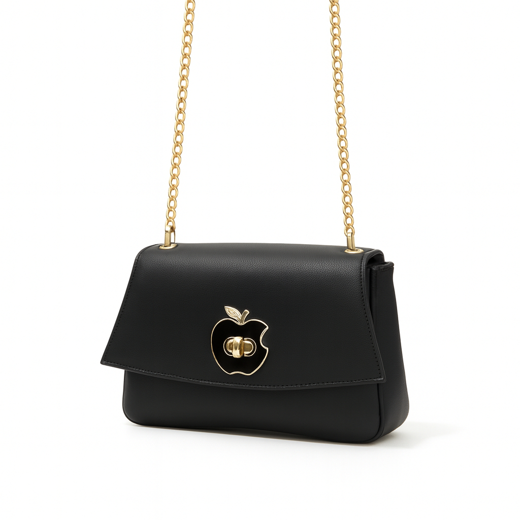 Black Crossbody Bag with Gold Tone Apple Emblem