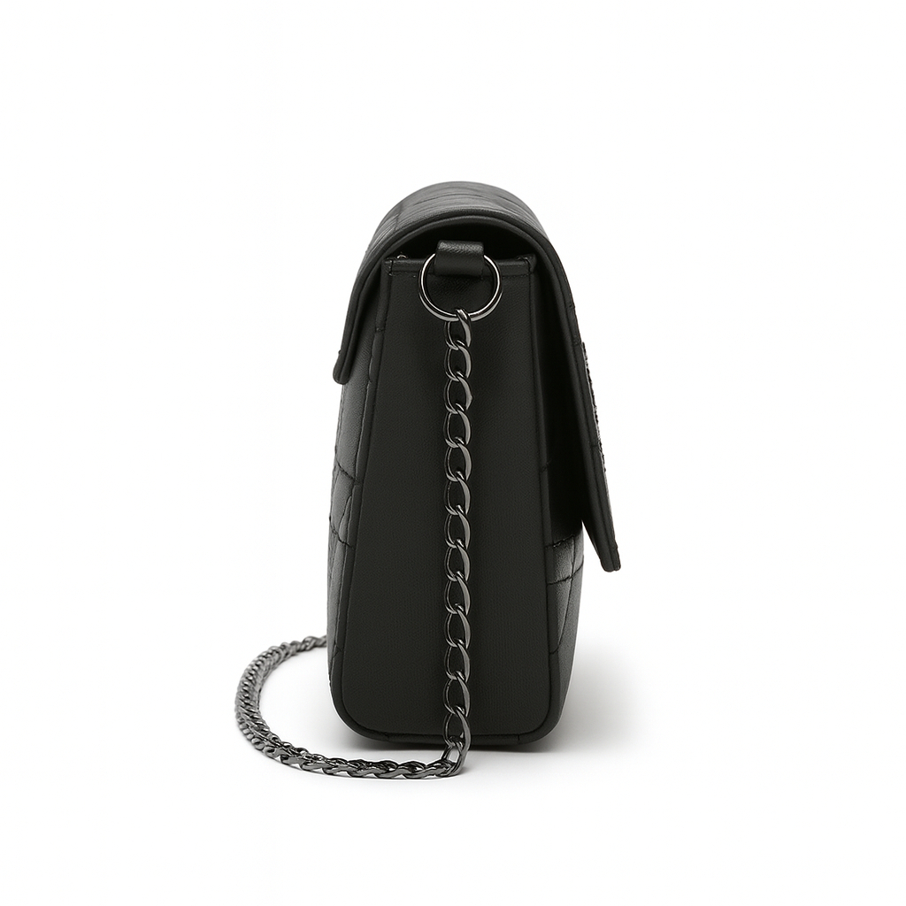 Black Leather Crossbody Bag with Quilted Design and Rhinestone Emblem