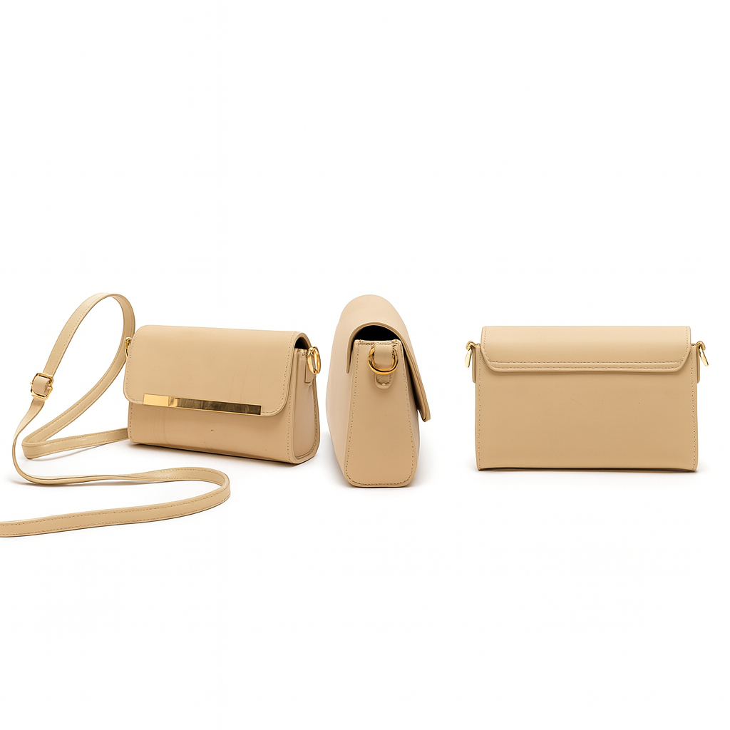 Stylish Minimalist Beige Crossbody Bag with Gold Accents