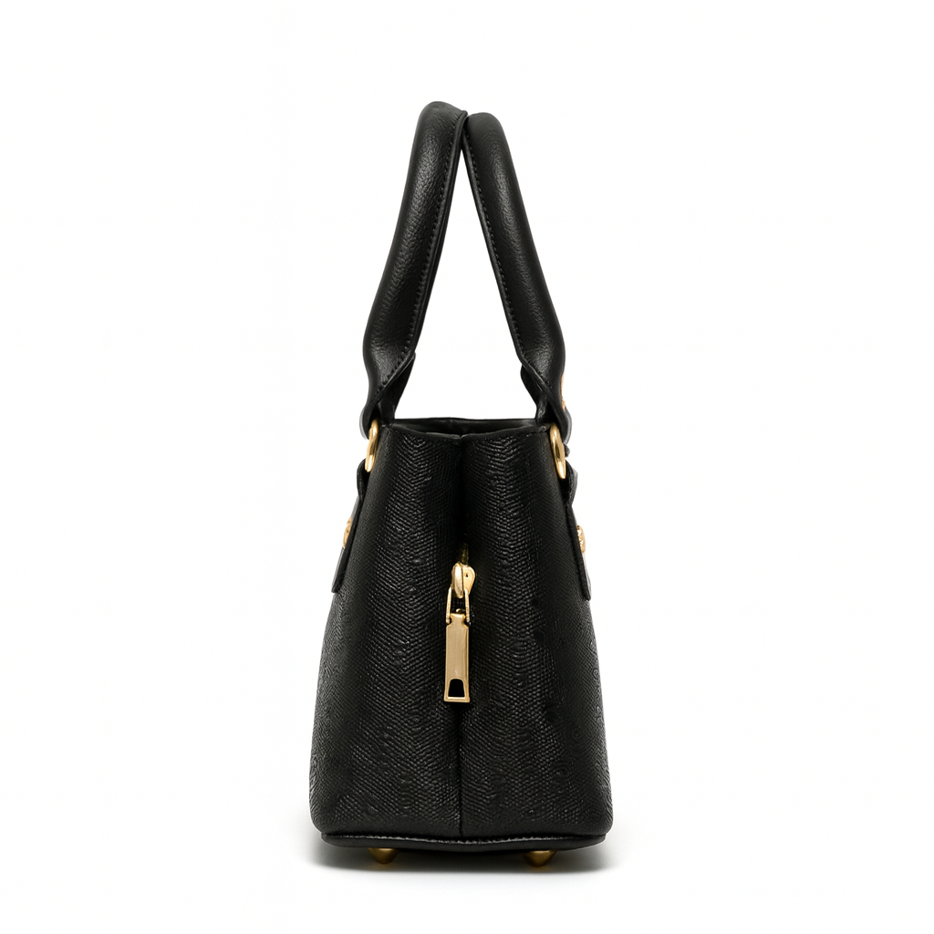 Stylish Black Structured Leather Handbag with Gold Tone Accents