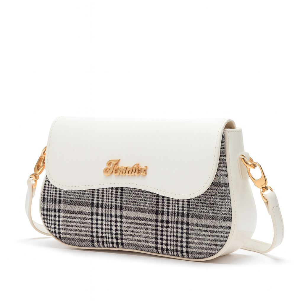 Stylish Compact Handbag with White Faux Leather and Plaid Design