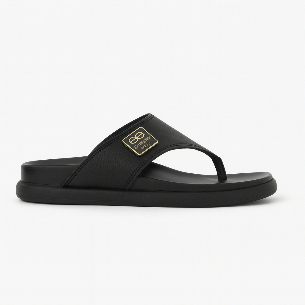 Premium Men Black Leather Flip Flop Sandals with Gold Accent Logo
