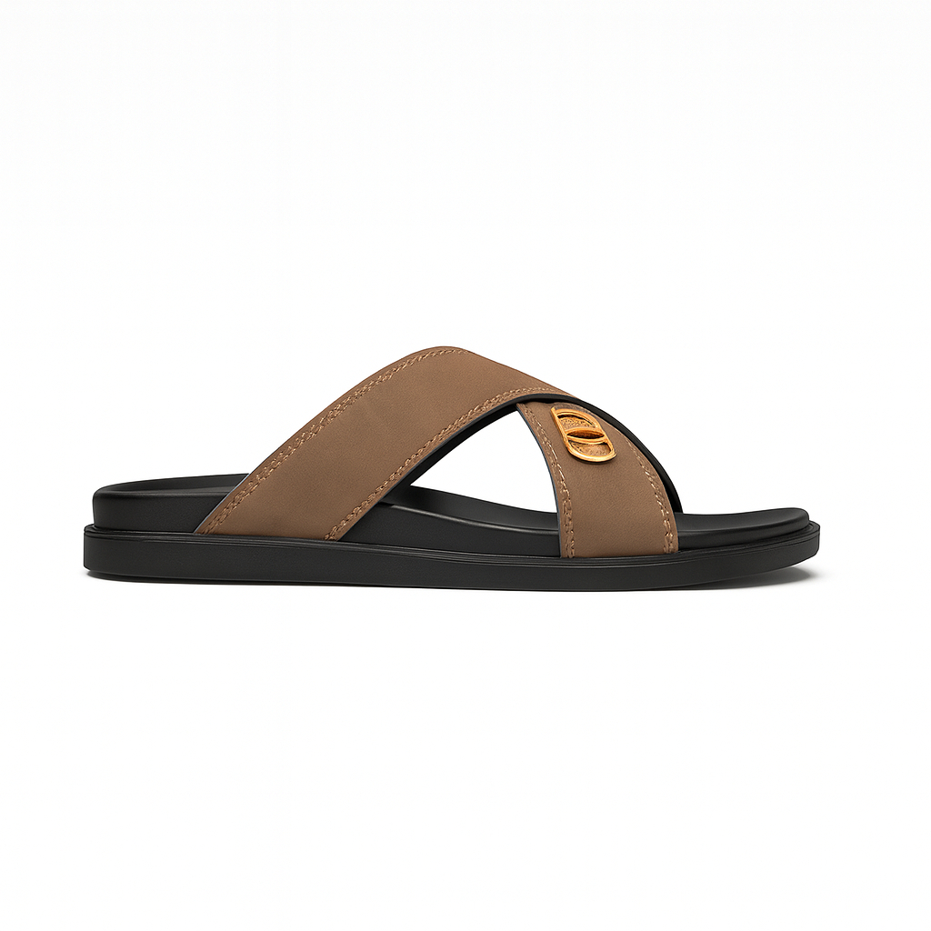 Premium Men Cross Strap Slip On Sandals with Gold Buckle Accent