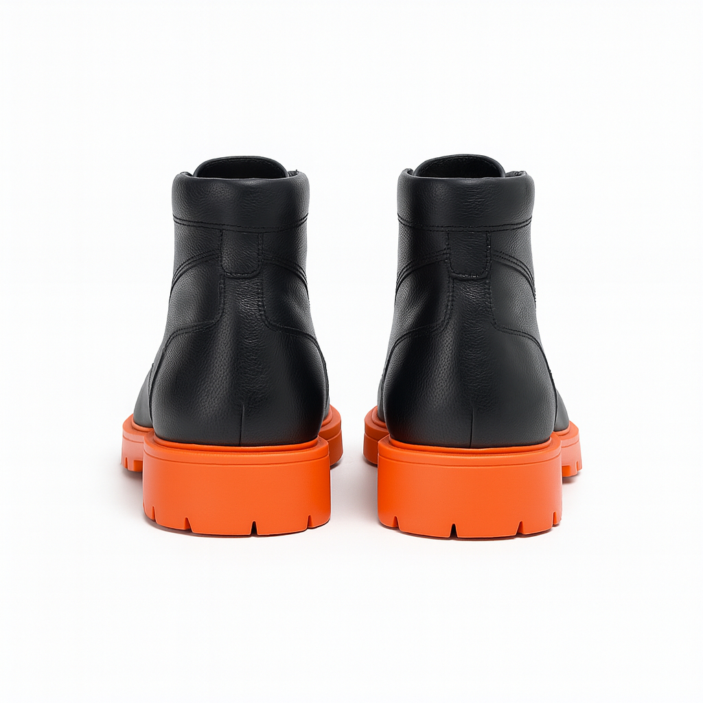 Premium Men Black Leather Ankle Boots with Orange Grip Sole
