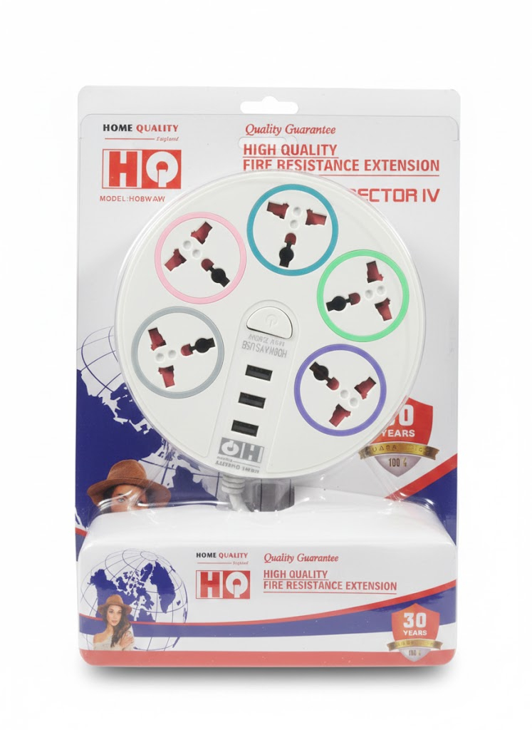 HQ High Quality Fire Resistance Extension Socket with USB Ports  8 Way Round Design