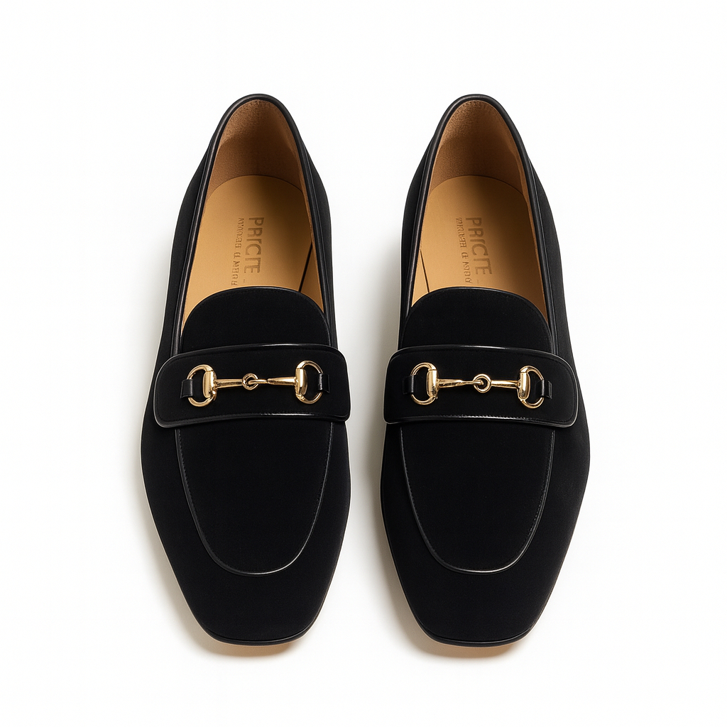Luxury Men Black Velvet Formal Shoes with Gold Metal Detail