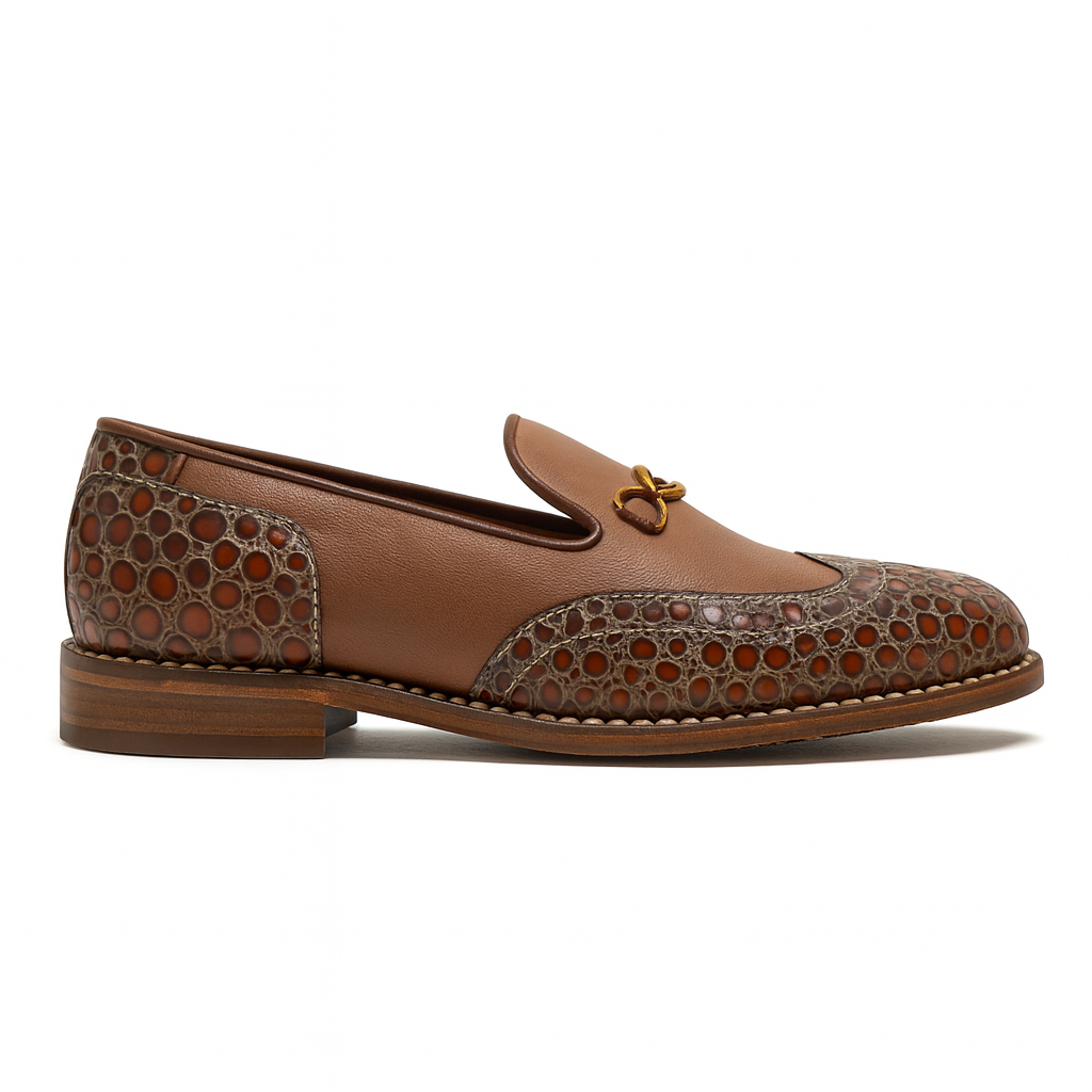 Luxury Men Brown Leather Formal Shoes with Crocodile Pattern Detailing and Gold Accent