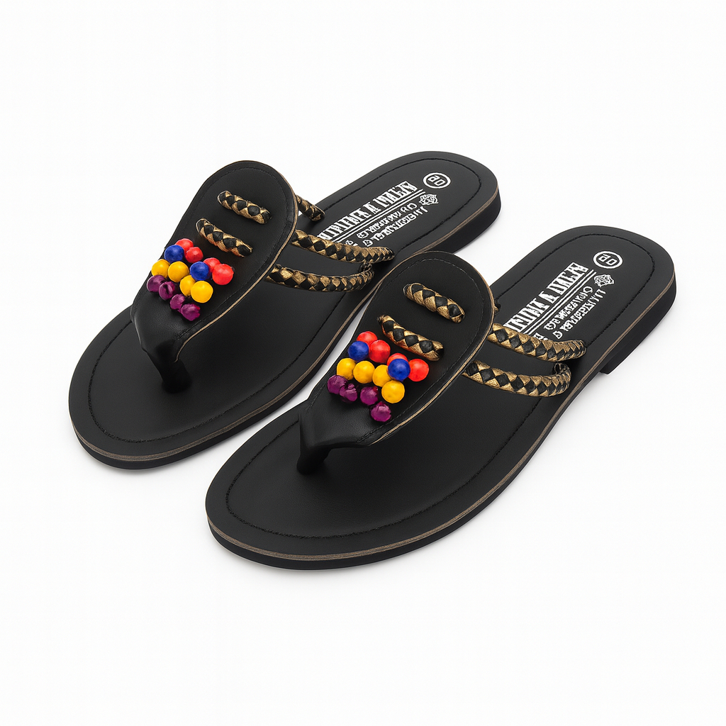 Handcrafted Black Leather Slippers with Braided Straps and Colorful Bead Design