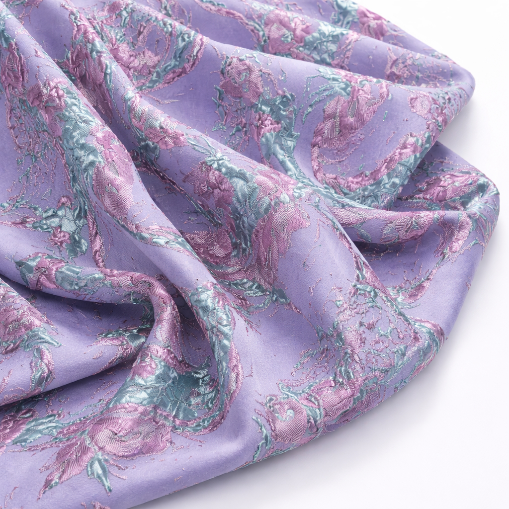 Luxury Lilac Metallic Brocade Fabric with Pink and Aqua Shimmer