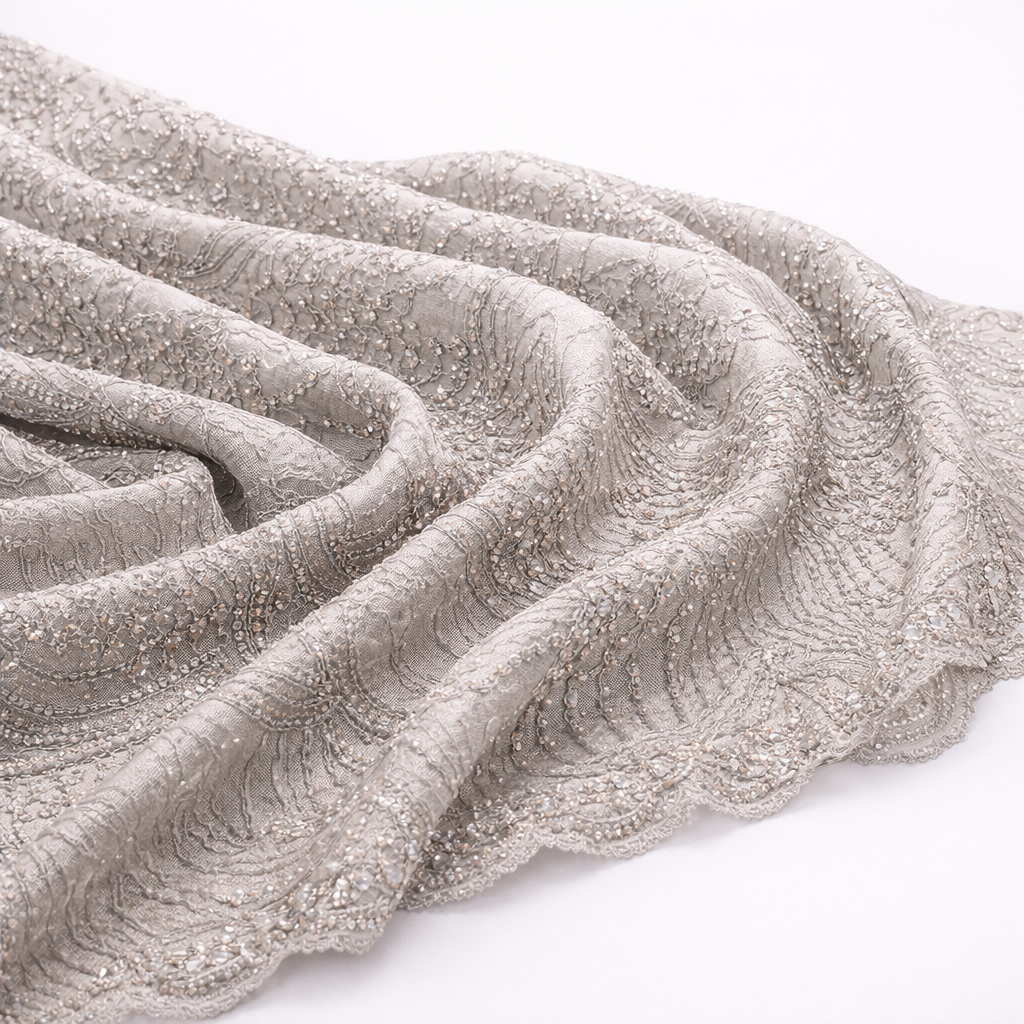 Luxury Silver Beaded Lace Fabric with Handcrafted Crystal Details
