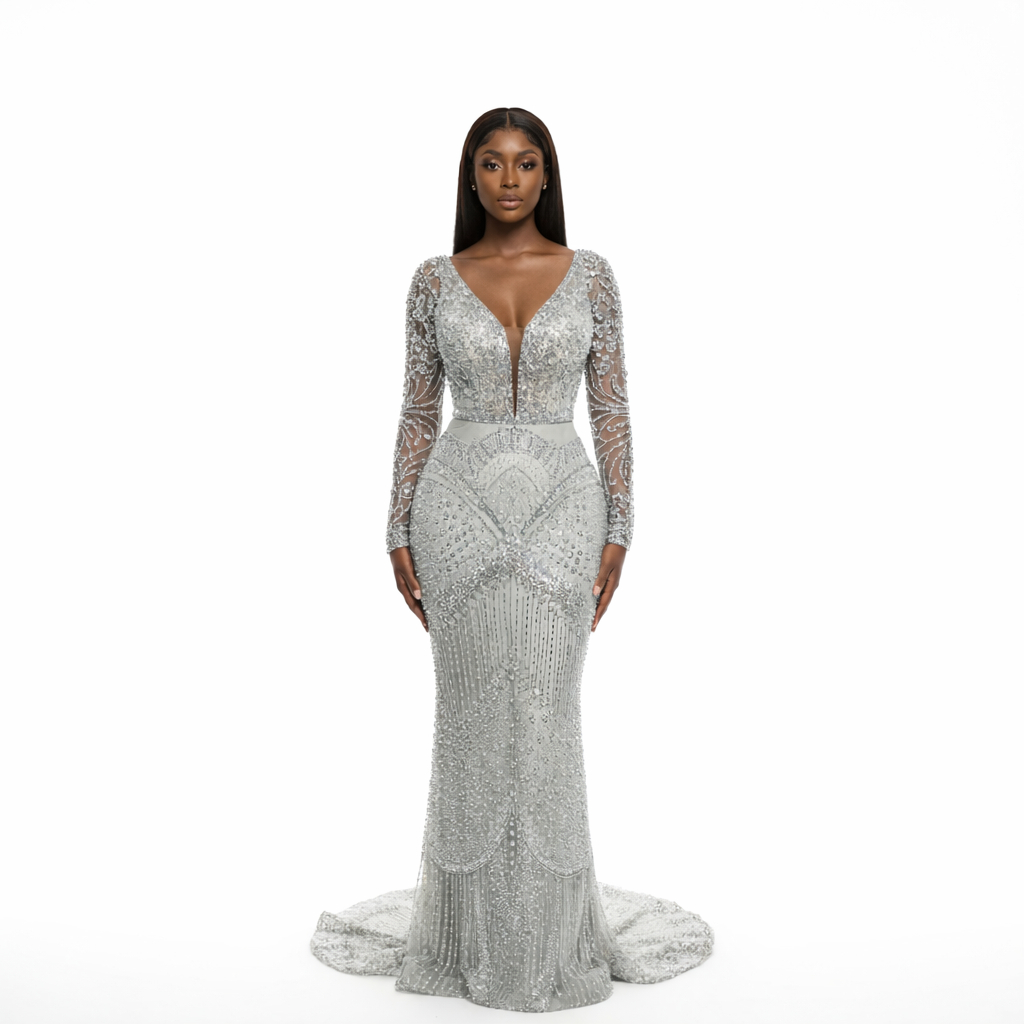 Luxury Silver Beaded Lace Fabric with Handcrafted Crystal Details