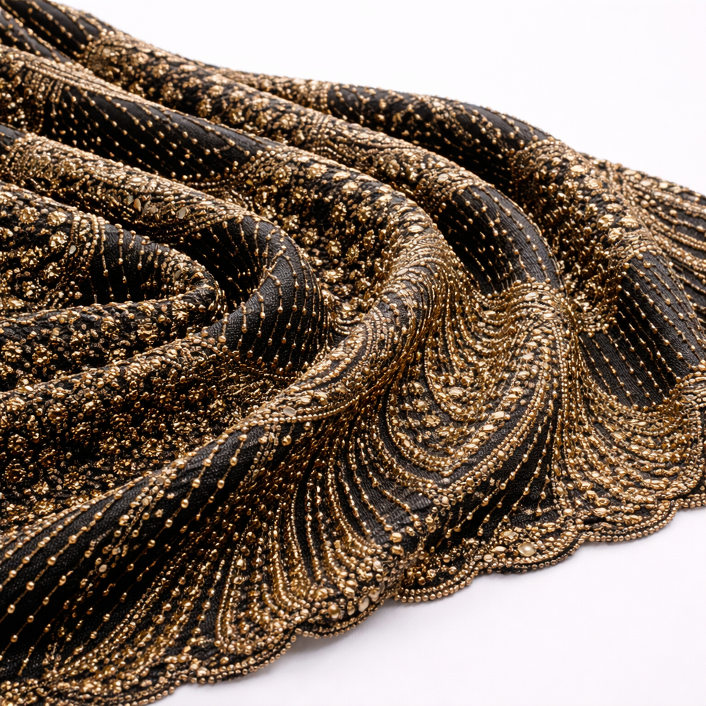 Luxury Black and Gold Hand Beaded Lace Fabric