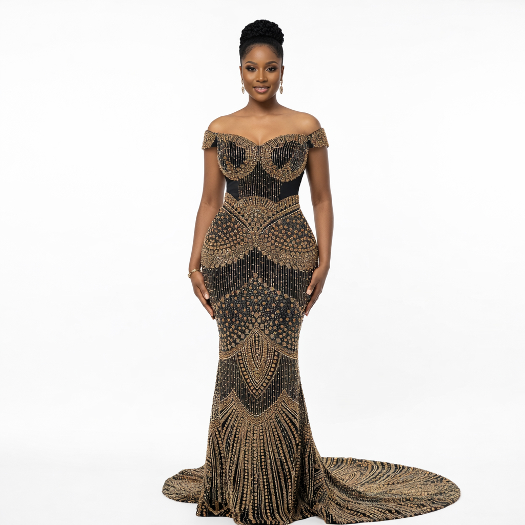 Luxury Black and Gold Hand Beaded Lace Fabric