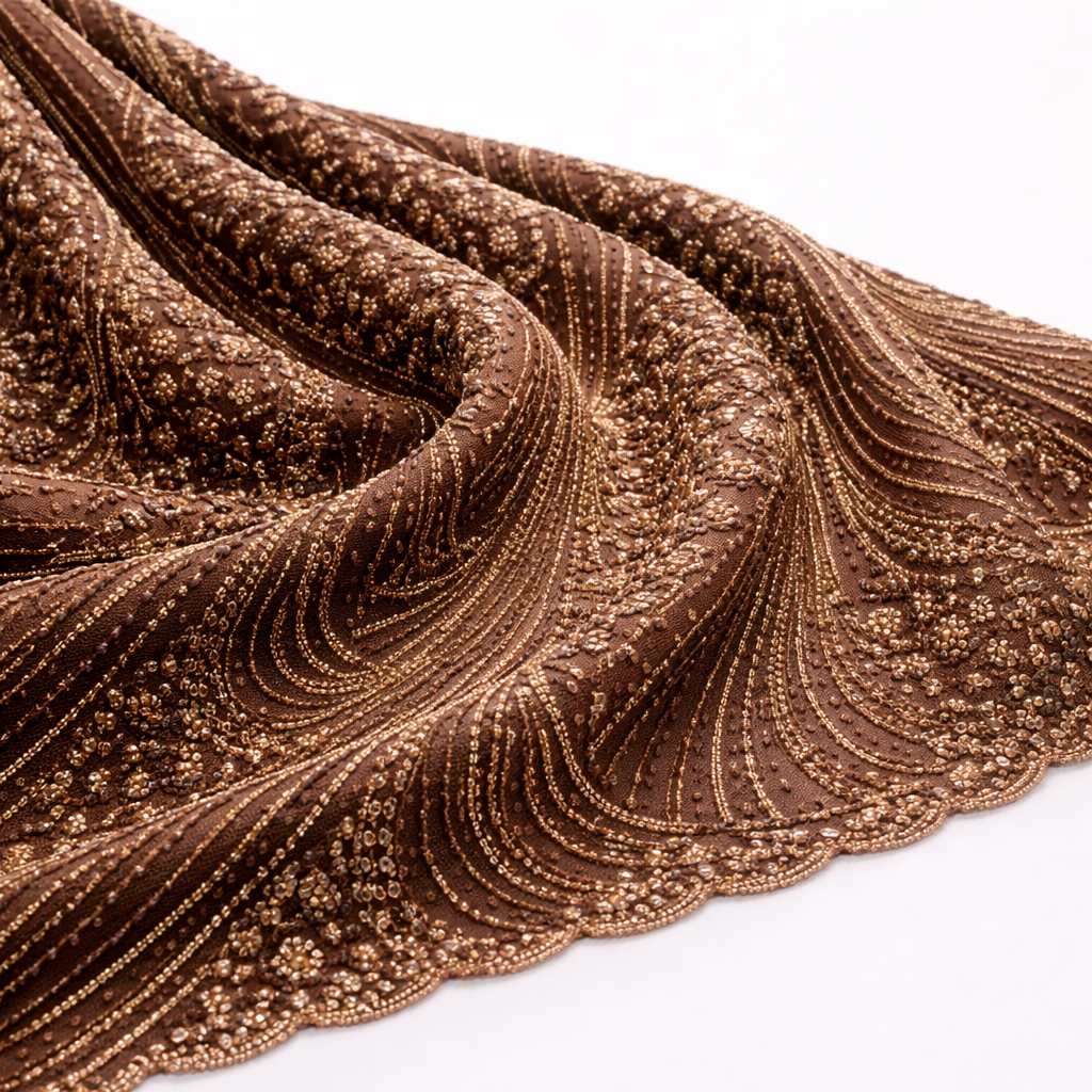 Luxury Chocolate Brown Hand Beaded Lace Fabric with Sequins and Crystal Embellishments