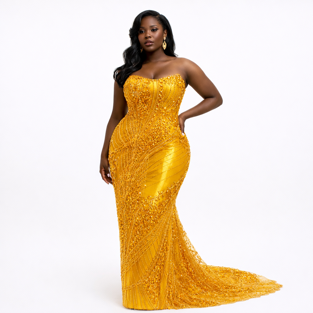 Luxury Golden Yellow Hand Beaded Lace Fabric