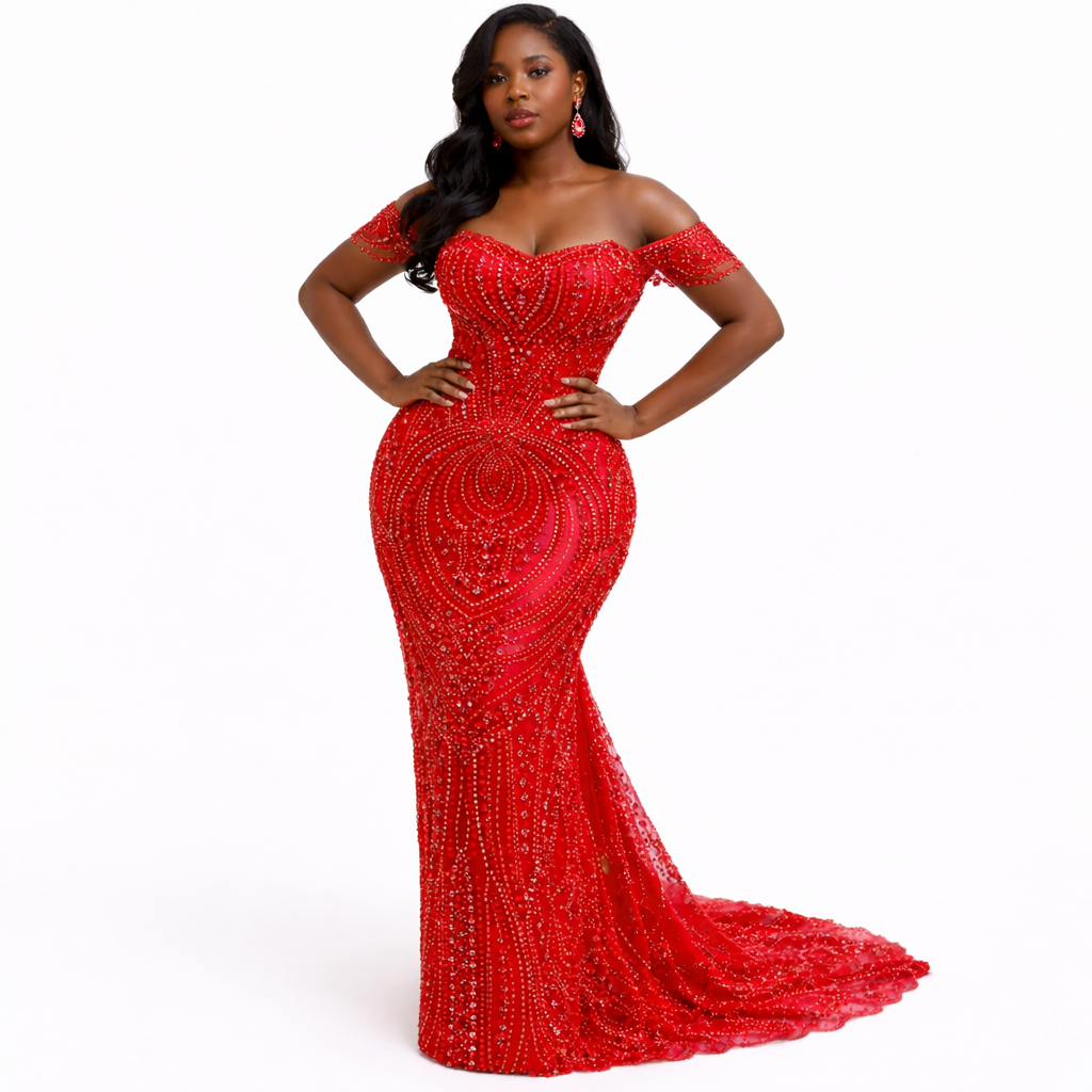 Luxury Red Hand Beaded Lace Fabric