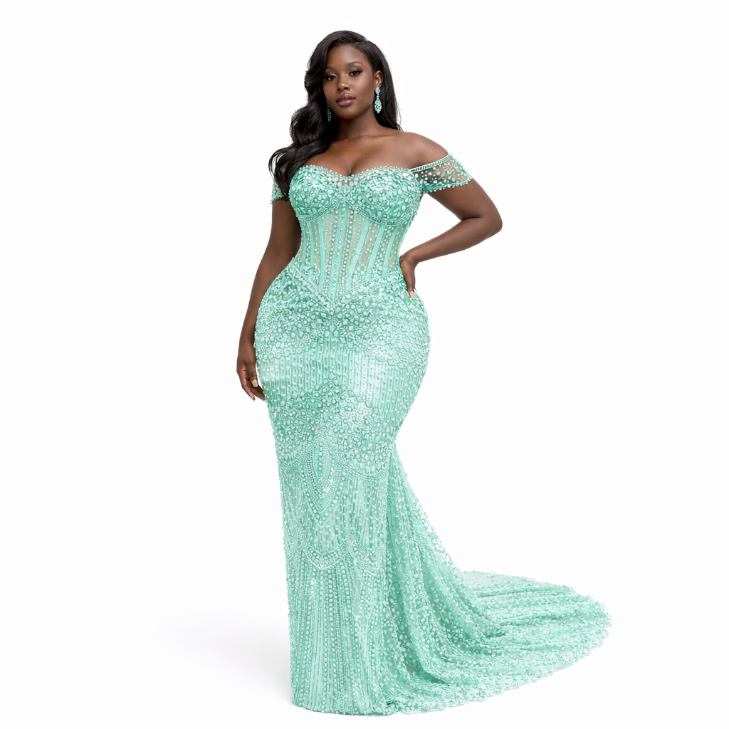 Luxury Aqua Blue Hand Beaded Lace Fabric