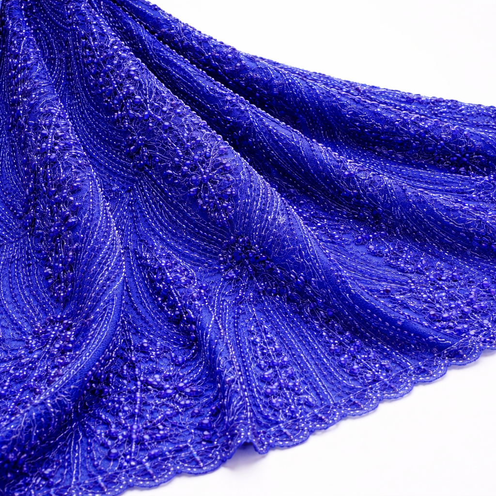Royal Blue Luxury Hand Beaded Lace Fabric