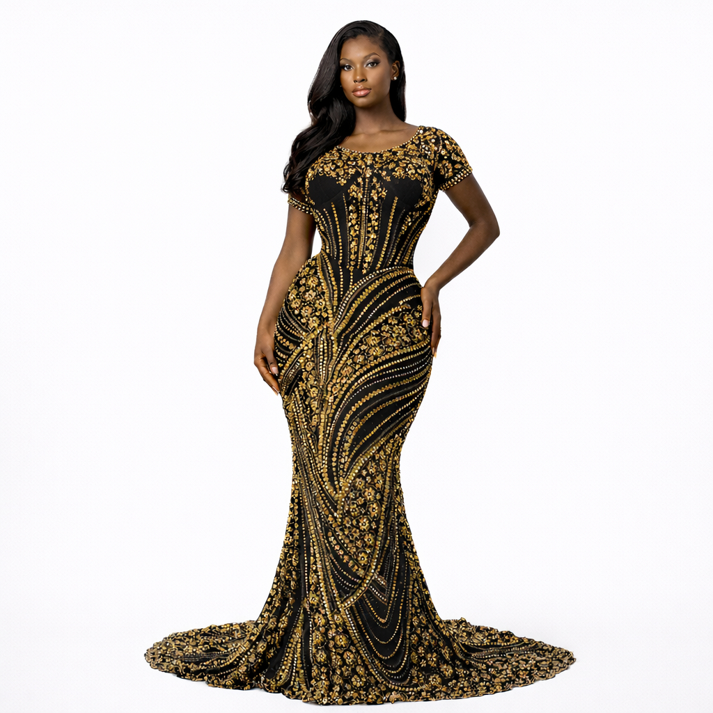 Luxury Black and Gold Beaded Lace Fabric