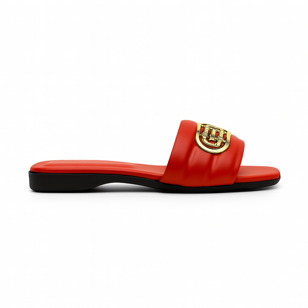 Red Quilted Slide Sandals with Gold Emblem